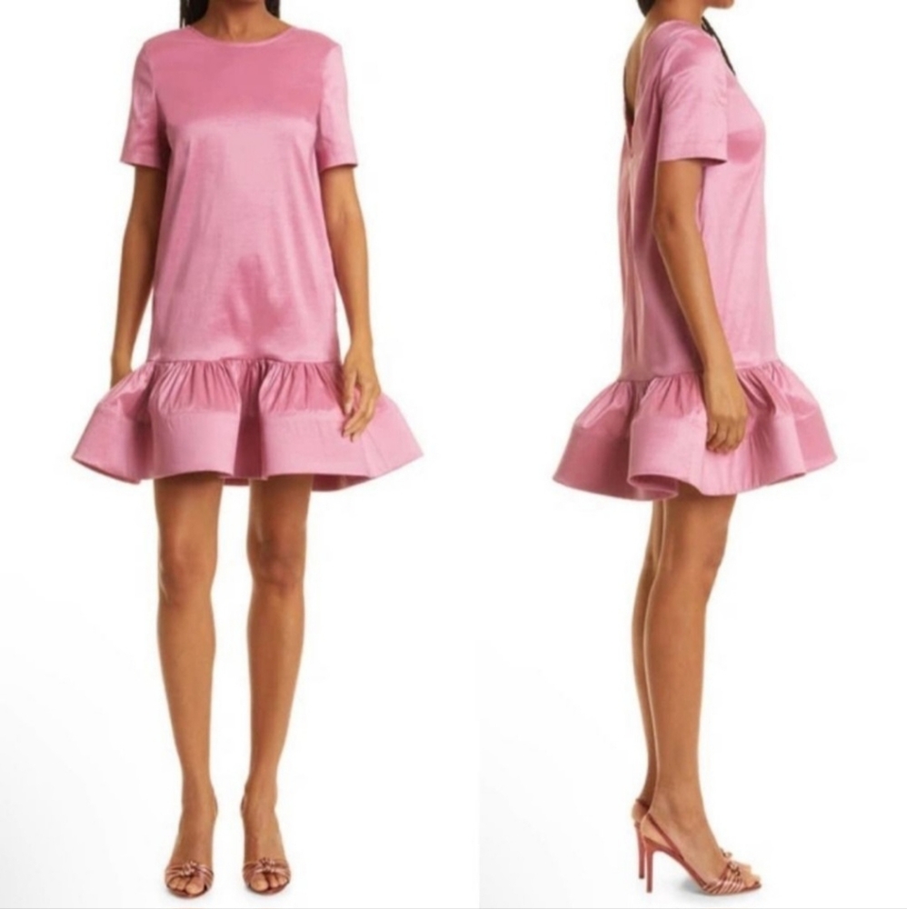 Kimberly Goldson Brianna Pink Satin Ruffle Hem Mini Dress Size S NWT